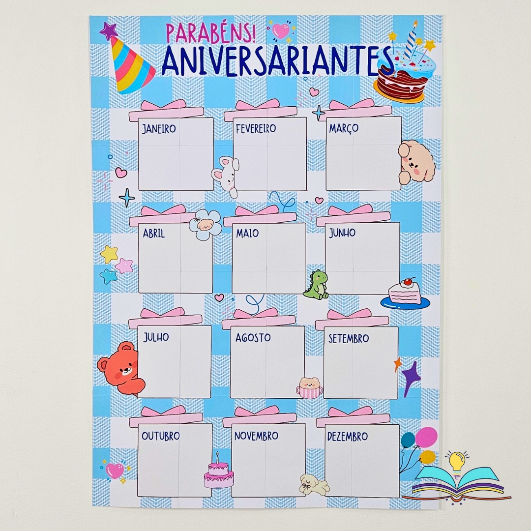 Painel informativo com desenho fofo para anotar os aniversariantes do mês de forma prática e organizada.