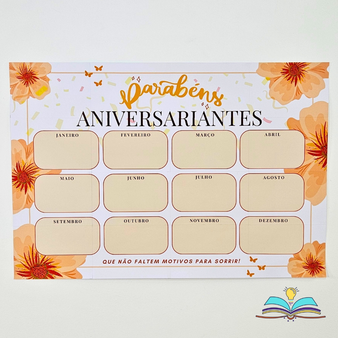 Painel informativo com ilustrações de flores para anotar os aniversariantes do mês de forma prática e organizada.