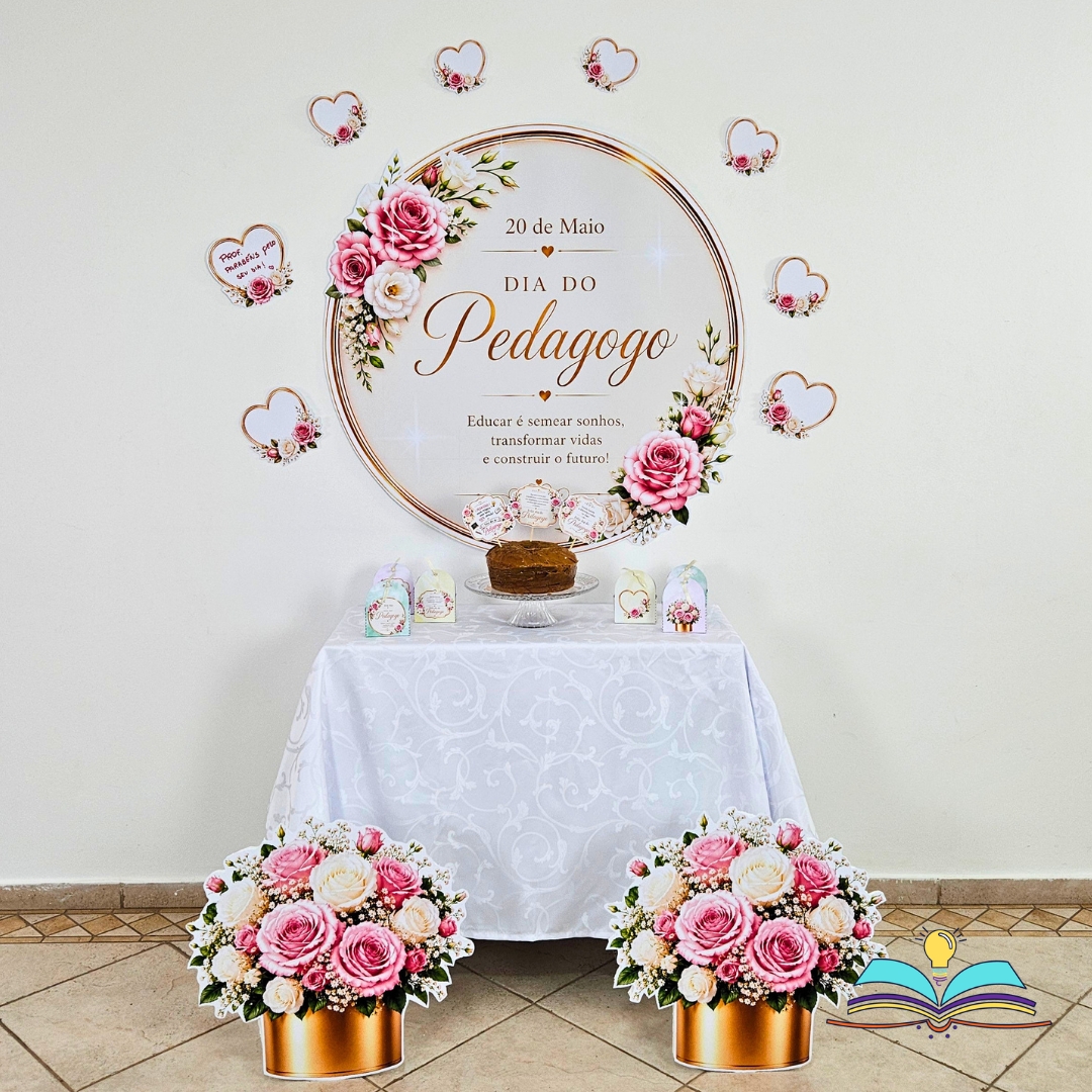 Painel com o tema dia do pedagogo para homenagear quem transforma conhecimento em cuidado, inspiração e aprendizagem todos os dias.