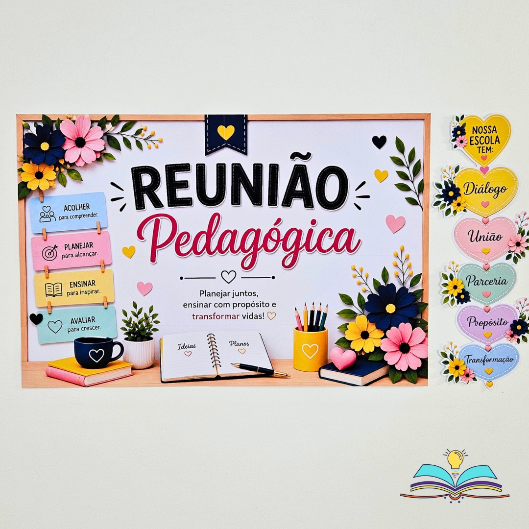 Painel com tema Reunião Pedagógica Planejar para alinhar objetivos, organizar ideias e fortalecer práticas educativas com colaboração.