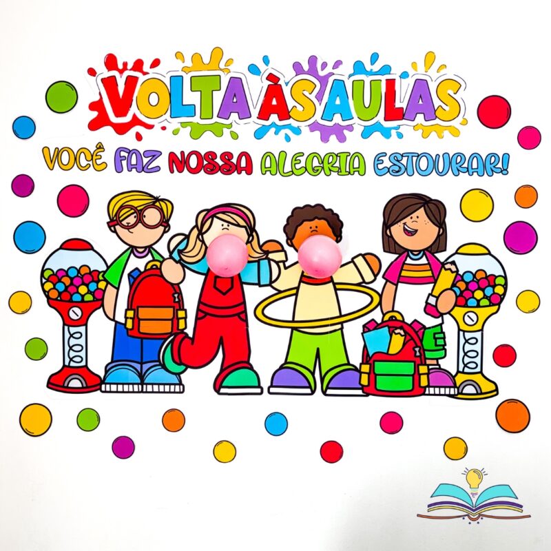 Painel com o tema Volta às Aulas, ideal para decorar a entrada, os corredores ou a sala de aula e recepcionar os alunos no ambiente escolar