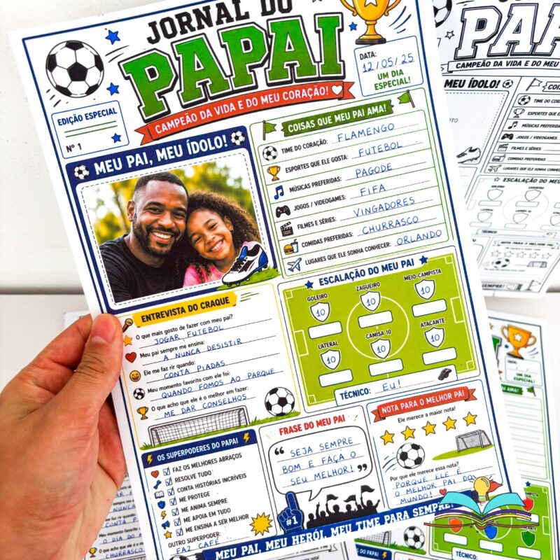 Jornal de atividades com o tema Dia dos Pais, ideal para desenvolver leitura, escrita, criatividade e expressão de sentimentos com crianças no ambiente escolar.
