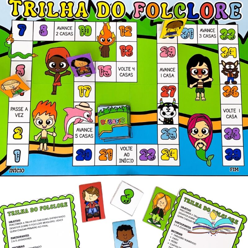 Jogo de trilha com o tema Folclore Brasileiro, ideal para desenvolver oralidade, raciocínio, cooperação e conhecimentos culturais em sala de aula.