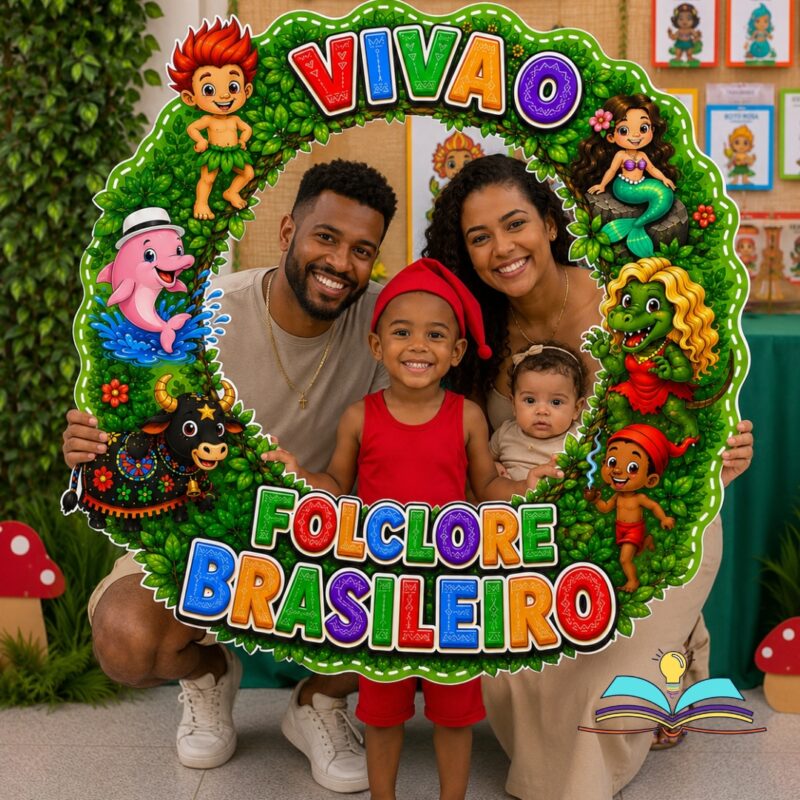 Moldura para fotos com o tema Folclore Brasileiro, ideal para registrar momentos em comemorações, projetos e atividades culturais no ambiente escolar.
