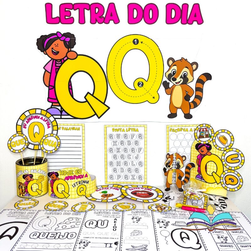 Kit pedagógico com o tema letra Q, ideal para apresentar a letra, ampliar o vocabulário e desenvolver habilidades de alfabetização com crianças.