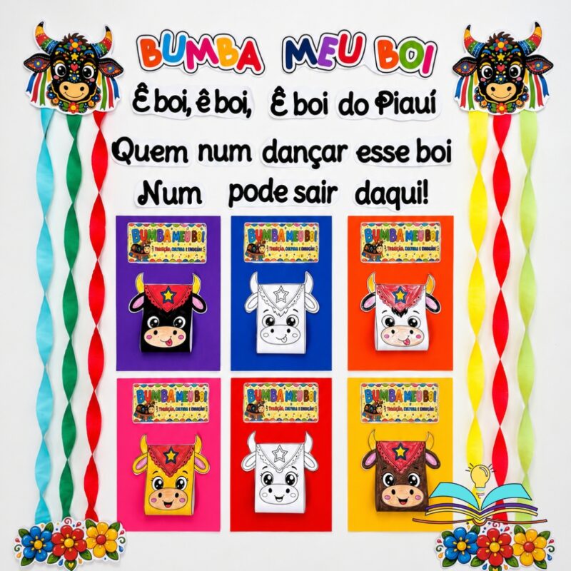 Atividade com o tema Folclore Brasileiro, ideal para trabalhar o Bumba Meu Boi por meio de pintura e montagem, desenvolvendo coordenação motora e criatividade com crianças.