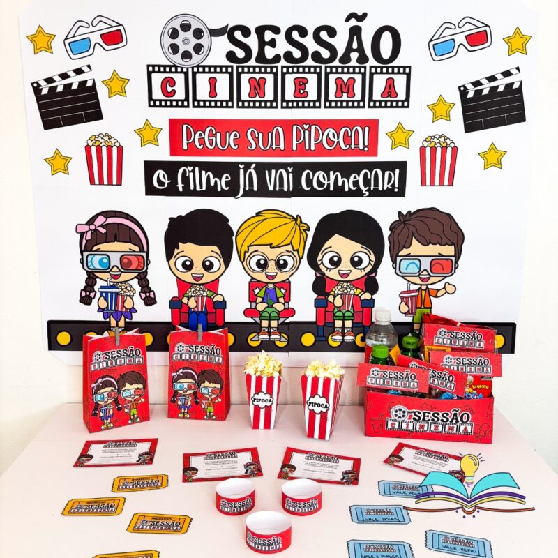 Kit temático de cinema, ideal para organizar uma sessão especial com crianças no ambiente escolar, incluindo recursos para decoração, participação dos alunos e registro da atividade.