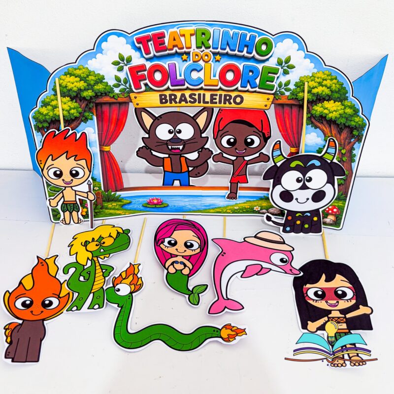 Teatrinho com o tema Folclore Brasileiro, ideal para contação de histórias, rodas de conversa e projetos culturais com crianças da Educação Infantil.